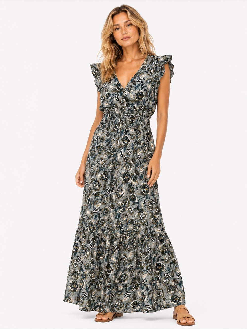 Sonoma Size Large Floral Smocked Waist Maxi Dress in Olive